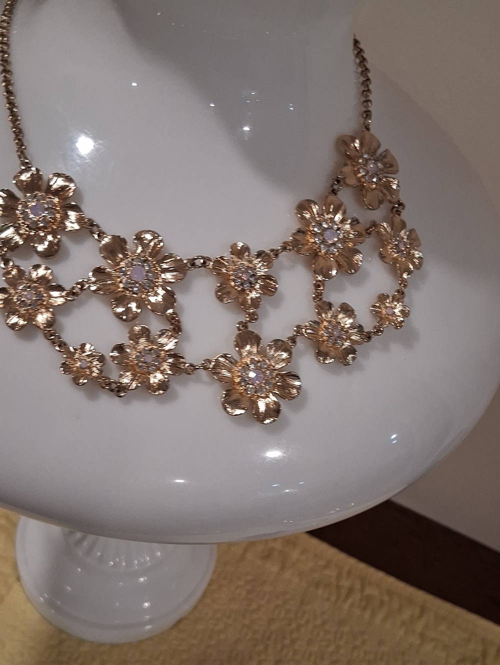 Goldtone Floral Statement Necklace with Crystal Accents